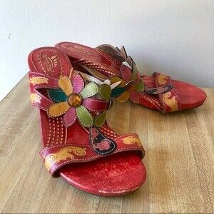 SPRING STEP Red Floral Leather Sandals Papaya Size 37